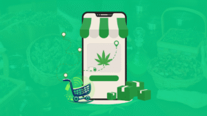 Cannabis e-commerce app concept with shopping cart and delivery icons, featuring an online store for cannabis supplies
